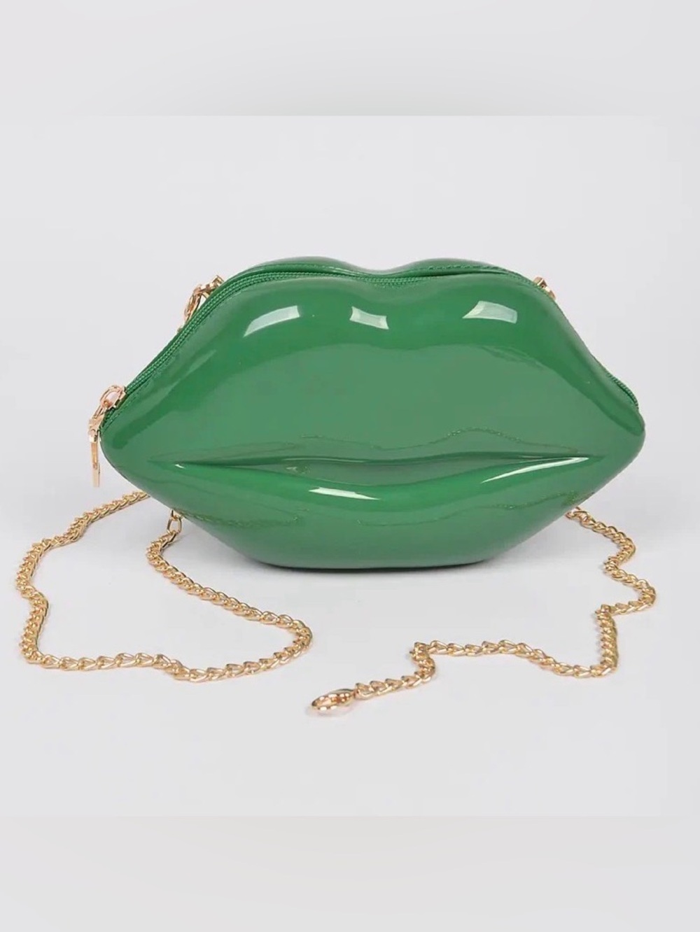 Green Lip-Shaped Crossbody Bag with Gold Tone Chain